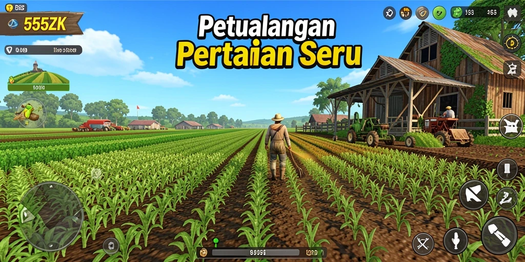 Tangkapan layar gameplay 555ZK yang menunjukkan aktivitas bertani.