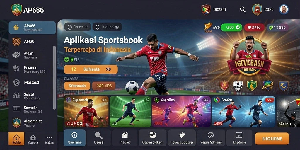 Tampilan aplikasi AP686 dengan fokus pada fitur live betting Sportsbook.