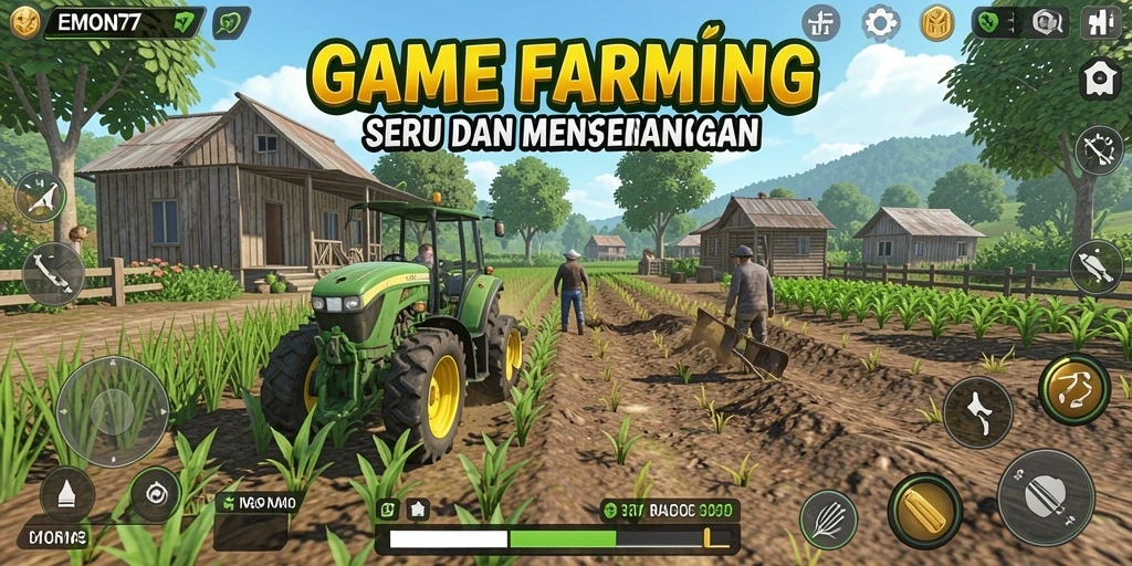 Screenshot gameplay EMON77 menampilkan petualangan bercocok tanam yang seru.
