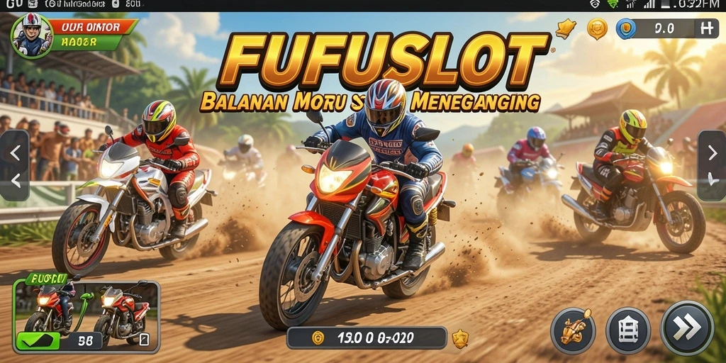 Tampilan gameplay seru dalam FUFUSLOT saat balapan motor.