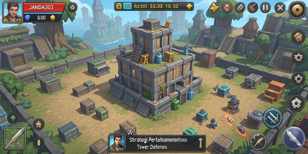 Screenshot utama JANDA303 menampilkan aksi seru dalam gameplay Tower Defense.