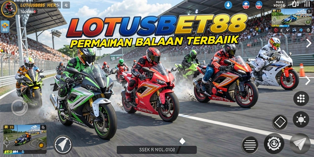 Screenshot LOTUSBET88 menampilkan balapan motor intens dengan grafis yang menakjubkan.