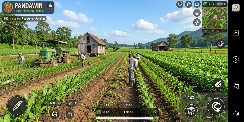 Screenshot gameplay PANDAWIN menampilkan ladang yang subur dan hewan ternak.