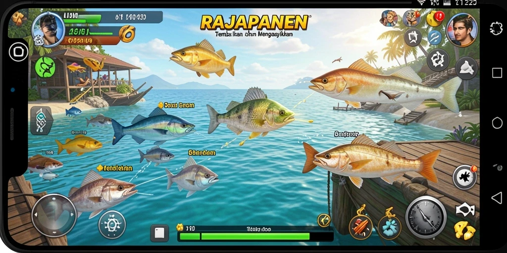Tampilan gameplay RAJAPANEN dengan suasana lautan yang indah.