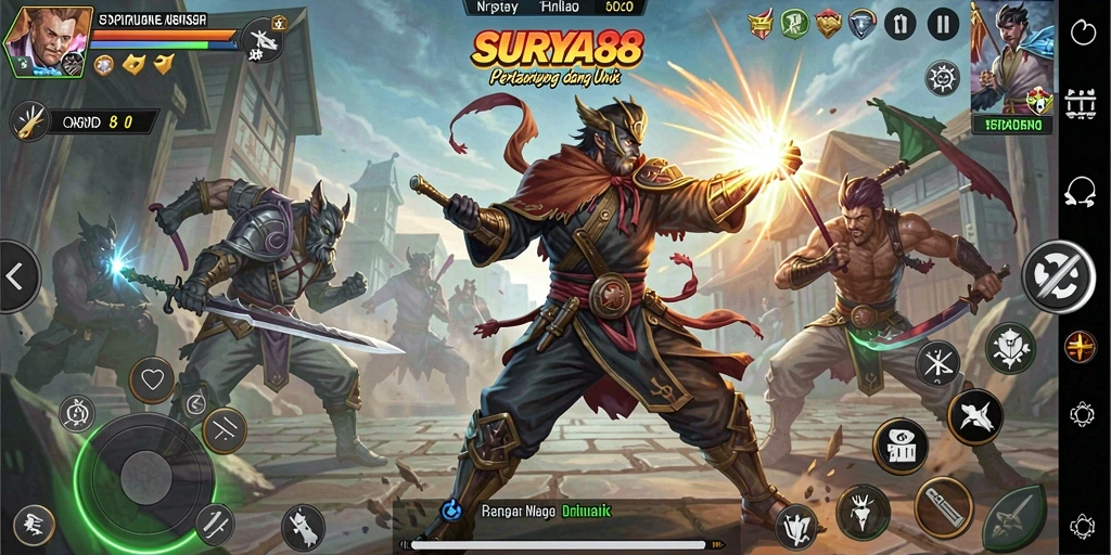Screenshot gameplay SURYA88 menampilkan aksi pertarungan yang mendebarkan.