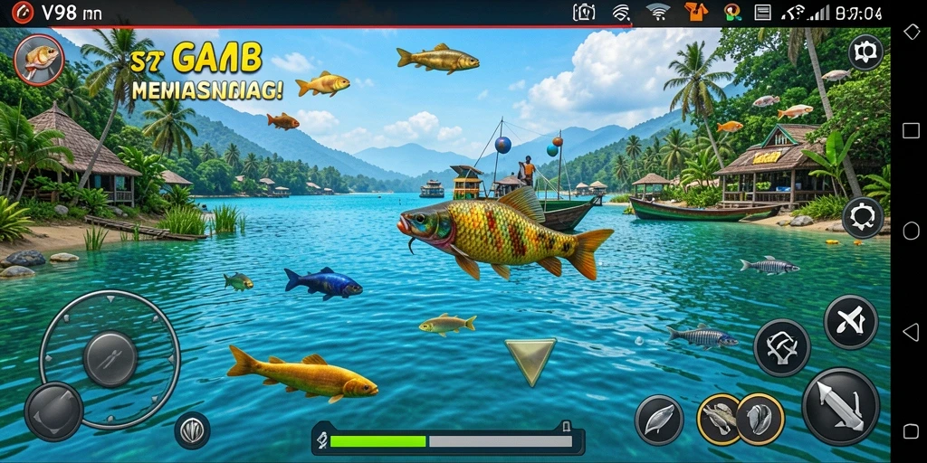 Tampilan gameplay V98 dengan ikan-ikan yang sedang ditangkap.